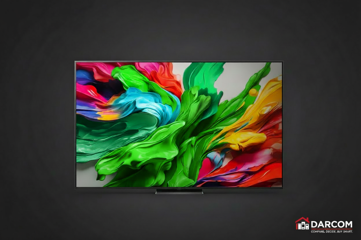 LG QNED MiniLED TV with DARCOM logo - Dark Background