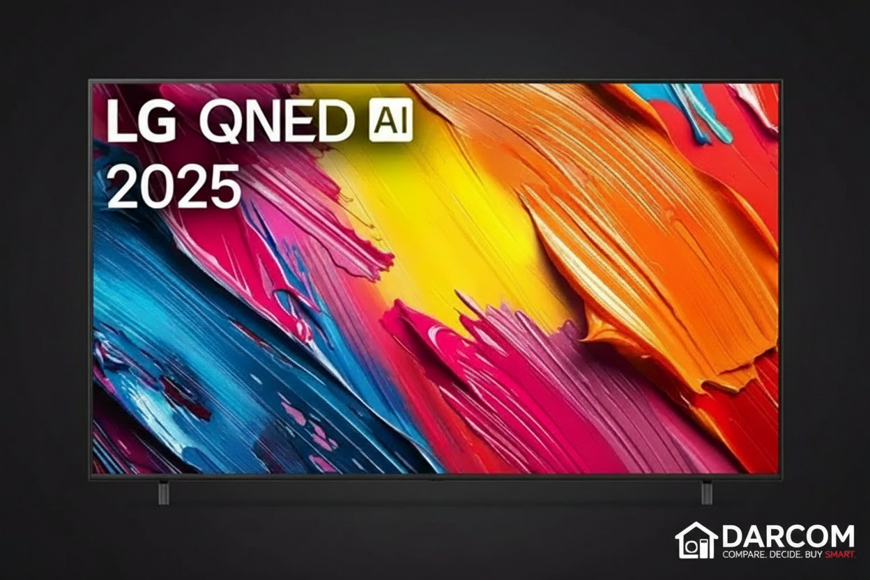 LG QNED TV with DARCOM logo - Dark Background