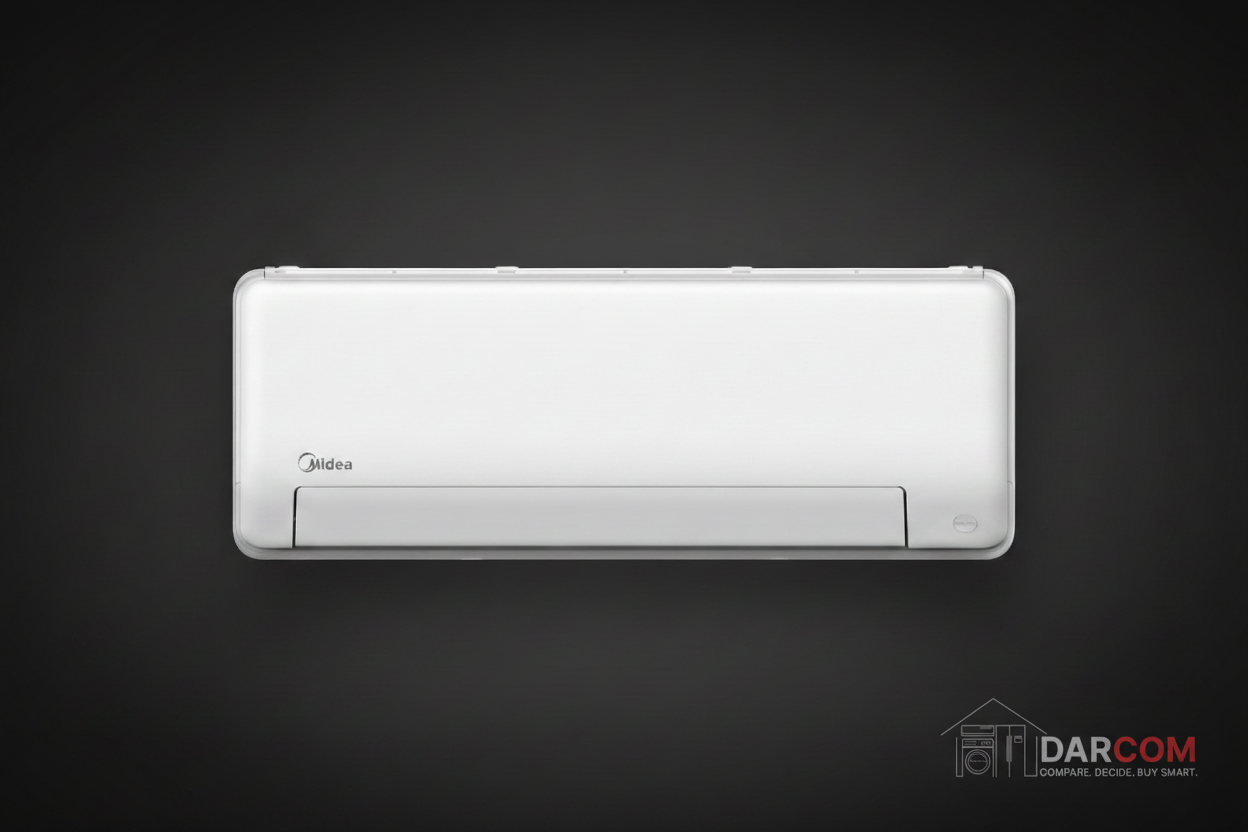 Midea AC Product Shot Dark Background with DARCOM Logo