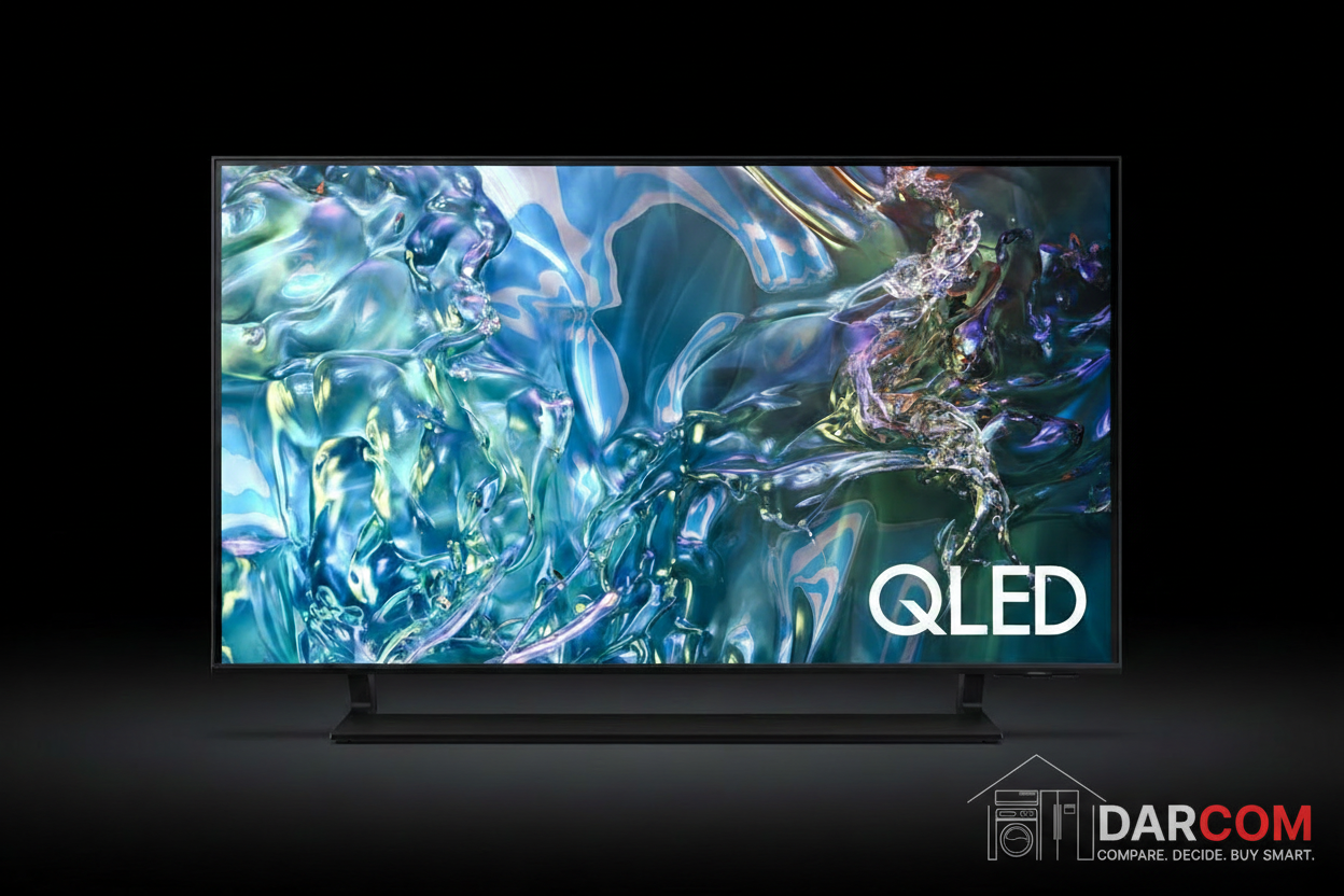 Samsung QLED TV with DARCOM logo - Dark Background