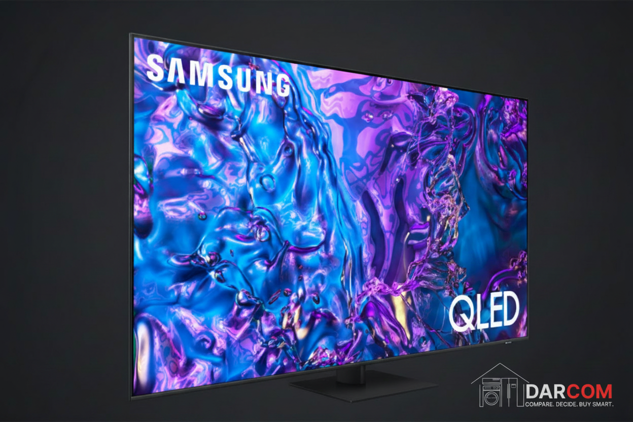 Samsung QLED TV with DARCOM logo - Dark Background