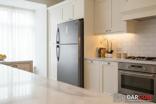 Samsung Refrigerator Warm White Kitchen with Darcom Logo