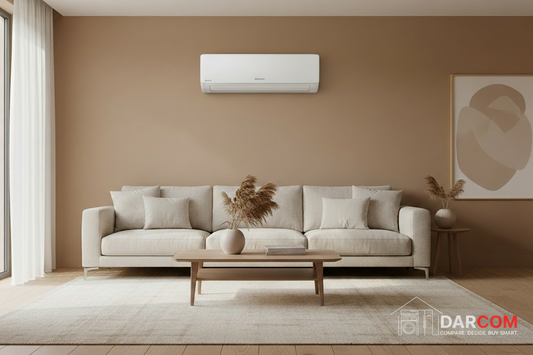 Sharp Air Conditioner in Tan Living Room with DARCOM Logo