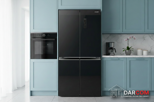 Sharp Refrigerator Cerulean Blue Kitchen with Darcom Logo