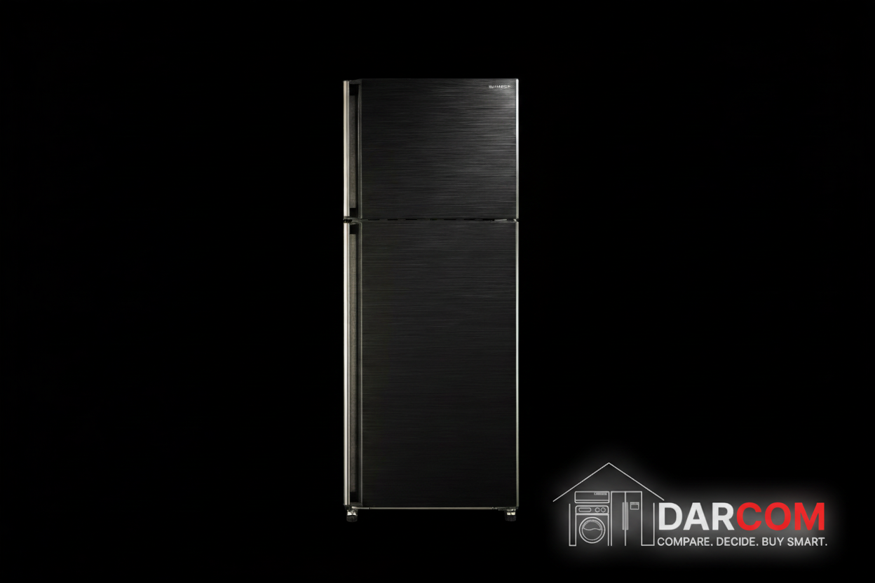 Sharp Refrigerator Dark Background with Darcom Logo