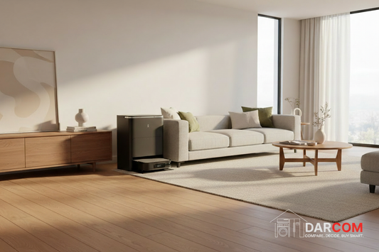 Wooden living room with DARCOM logo