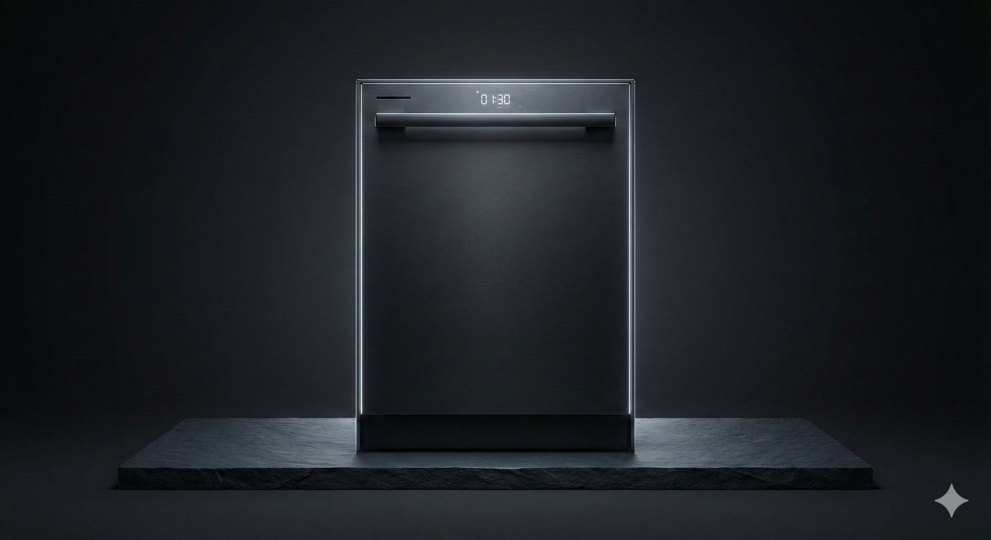 Modern black dishwasher with digital display on a dark background