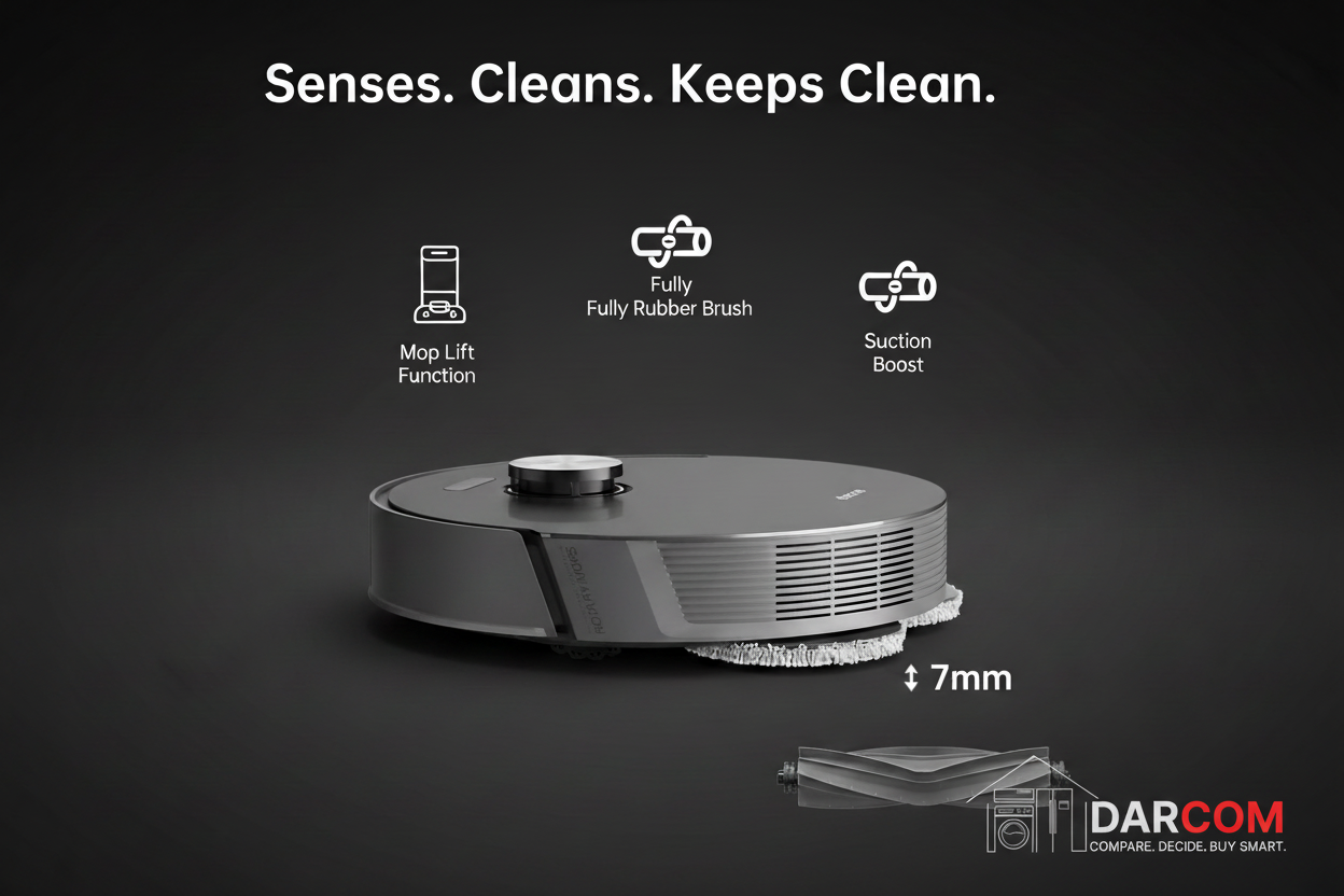 Dreame Robot Vacuum with DARCOM Logo - Dark Background