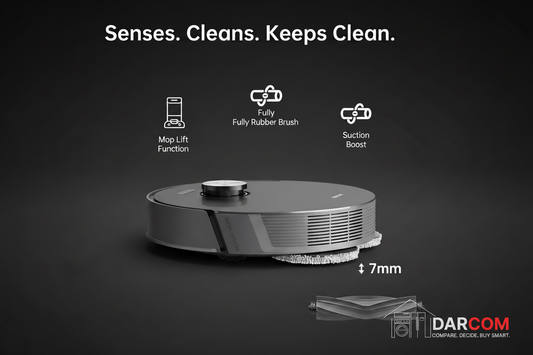 Dreame Robot Vacuum with DARCOM Logo - Dark Background