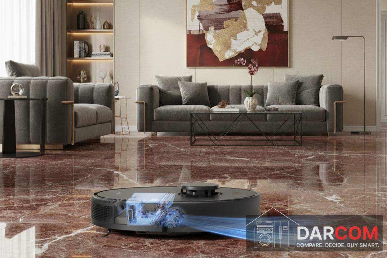 Dreame Robot Vacuum with DARCOM Logo - Luxury Living Room
