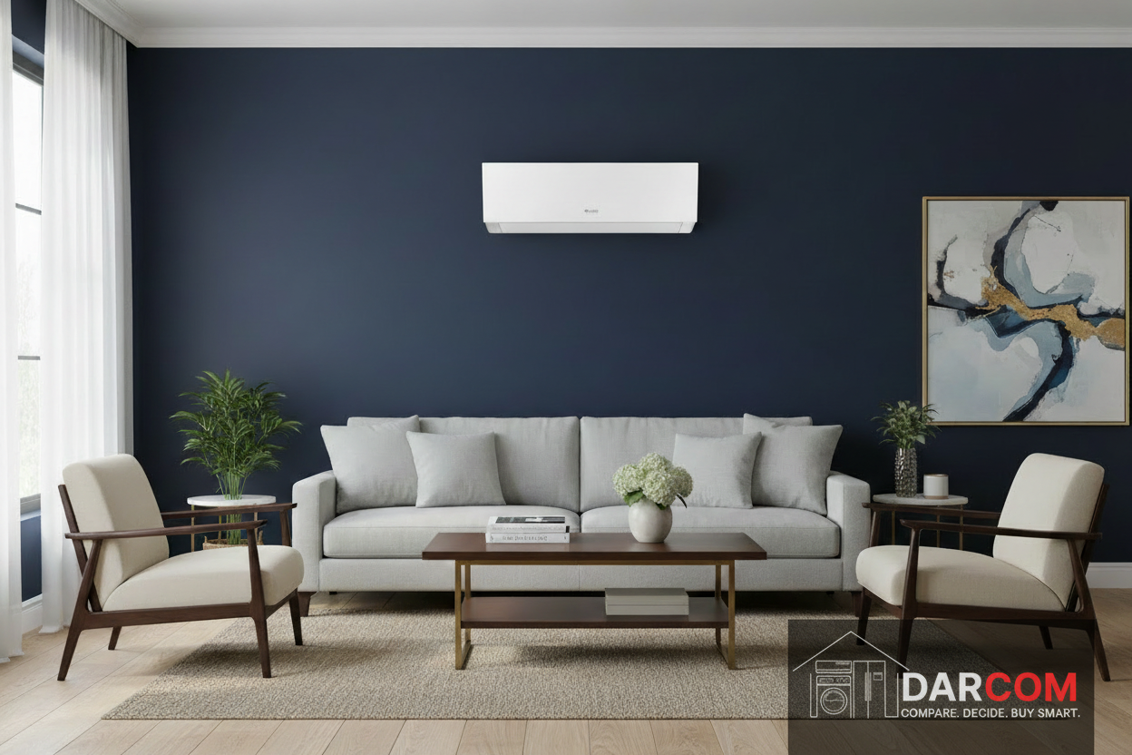 Gree AC in Navy Blue Living Room with DARCOM Logo
