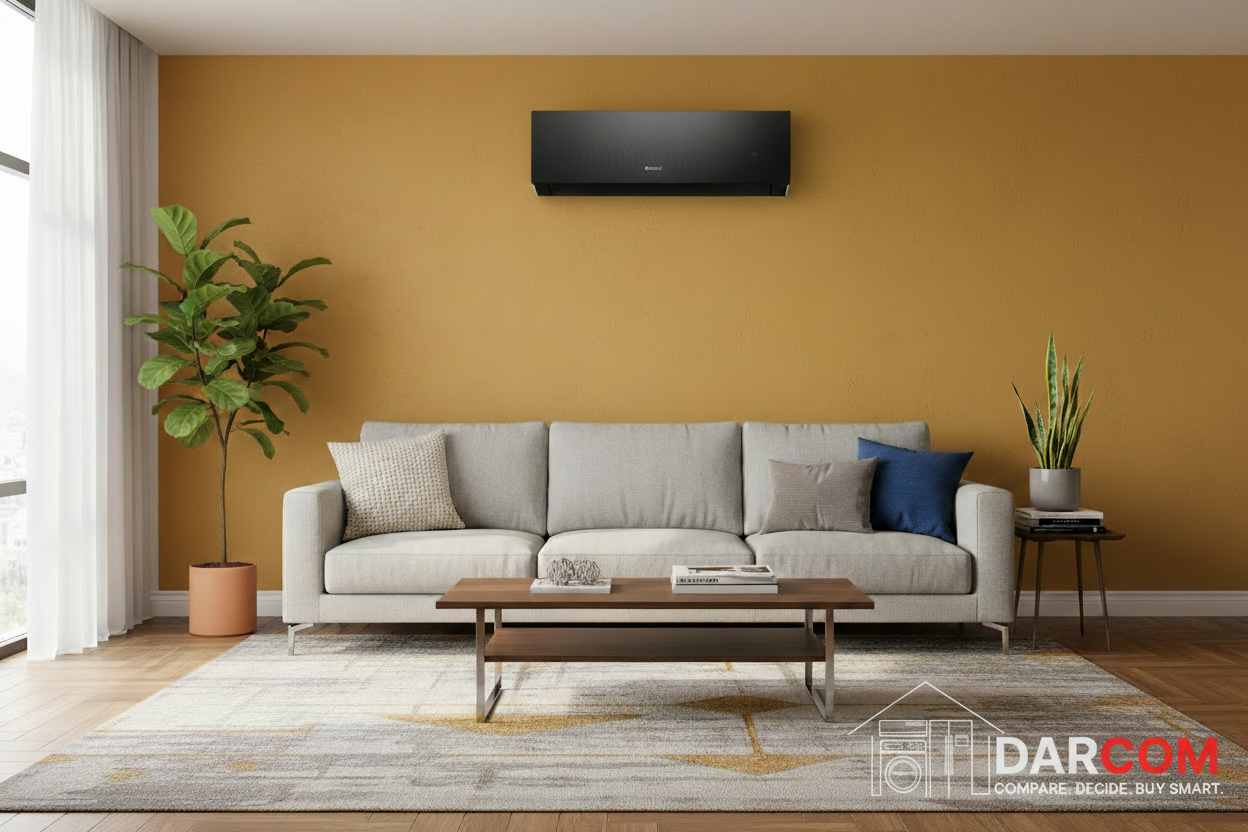 Gree Air Conditioner in Mustard Living Room with DARCOM Logo