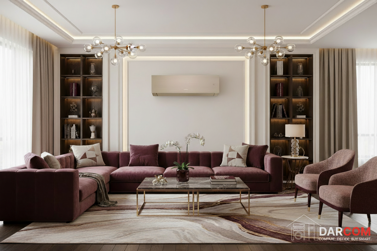 Gree Clivia Champagne Gold Burgundy Living Room with DARCOM Logo