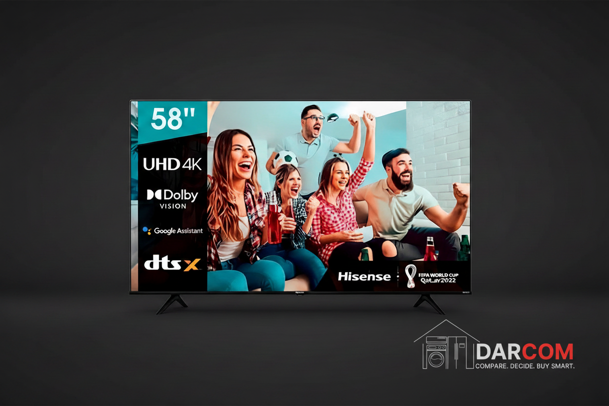 Hisense 4K UHD LED TV on Dark Background with DARCOM Logo