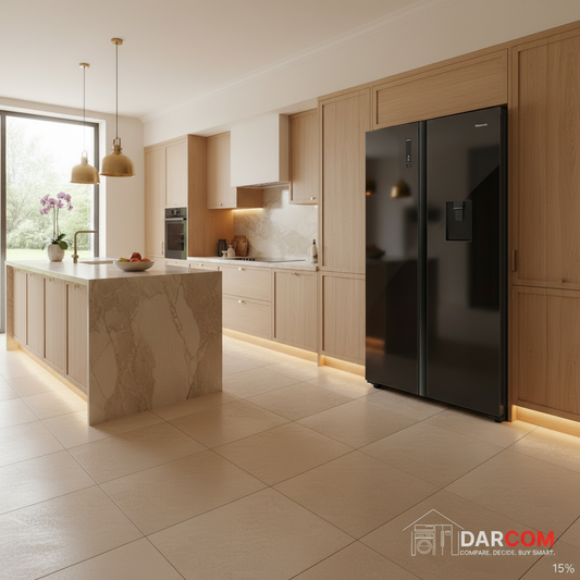 Hisense Black Glass Refrigerator in Luxury Setting with DARCOM Logo