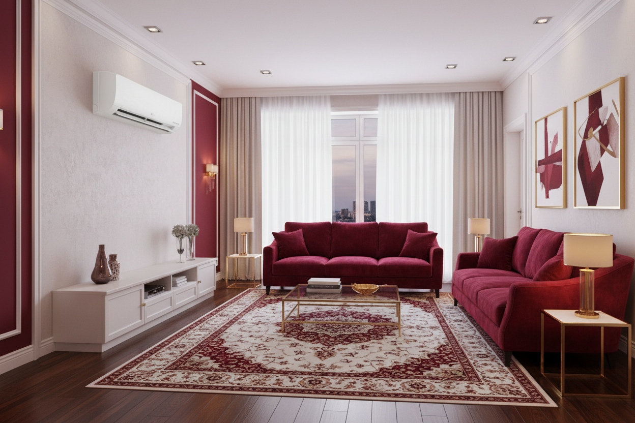 LG Air Conditioner in Crimson Living Room