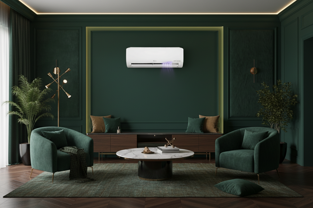 LG Air Conditioner in Dark Green Living Room