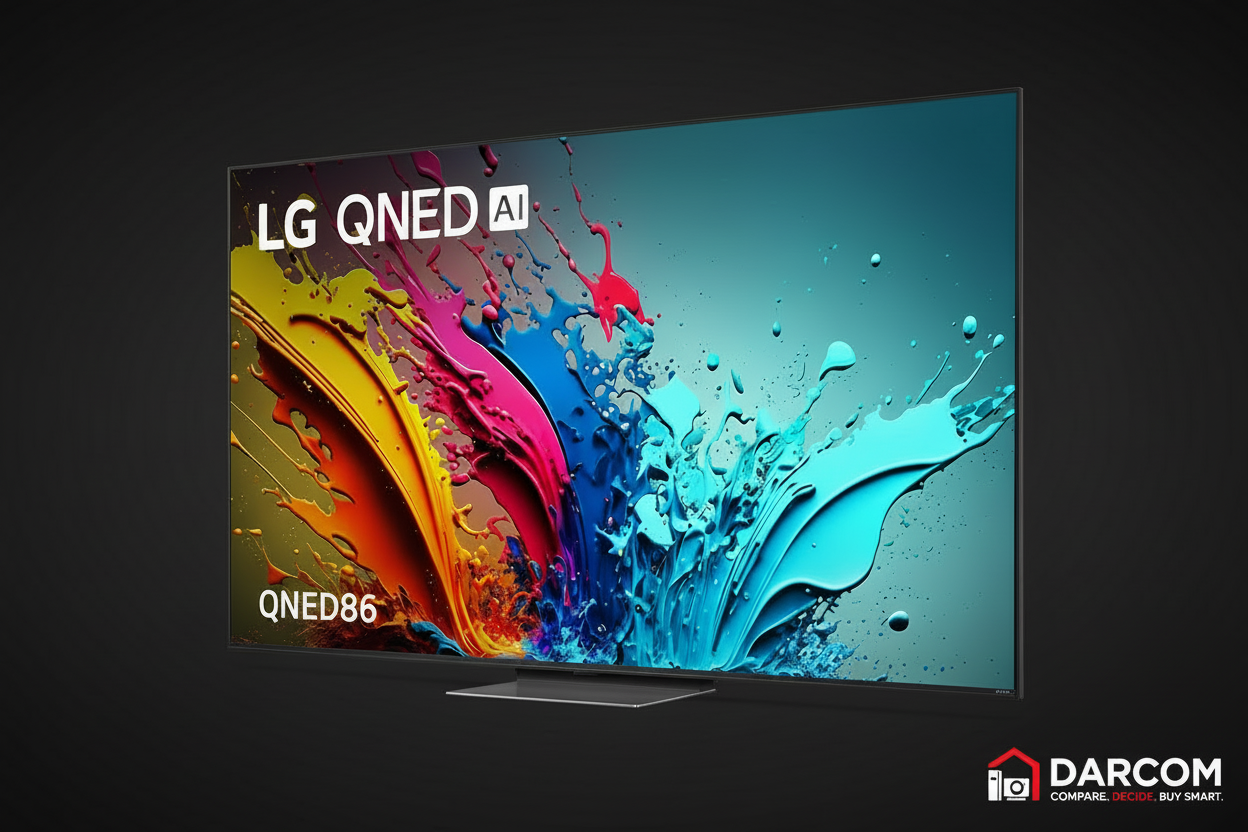 LG QNED MiniLED TV with DARCOM logo - Dark Background