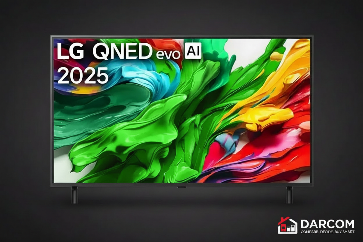 LG QNED MiniLED TV with DARCOM logo - Dark Background