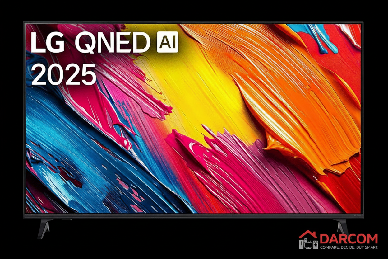 LG QNED TV with DARCOM logo - Dark Background