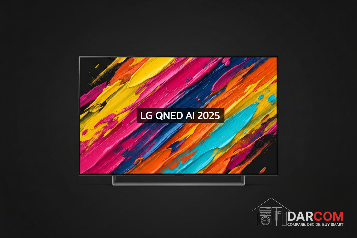 LG QNED TV with DARCOM logo - Dark Background