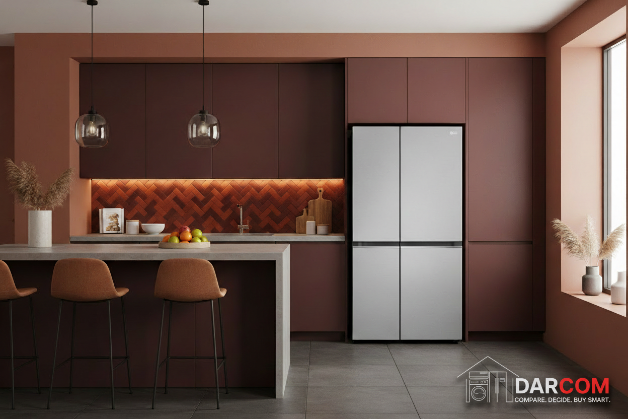 LG Refrigerator Warm Red Kitchen with Darcom Logo