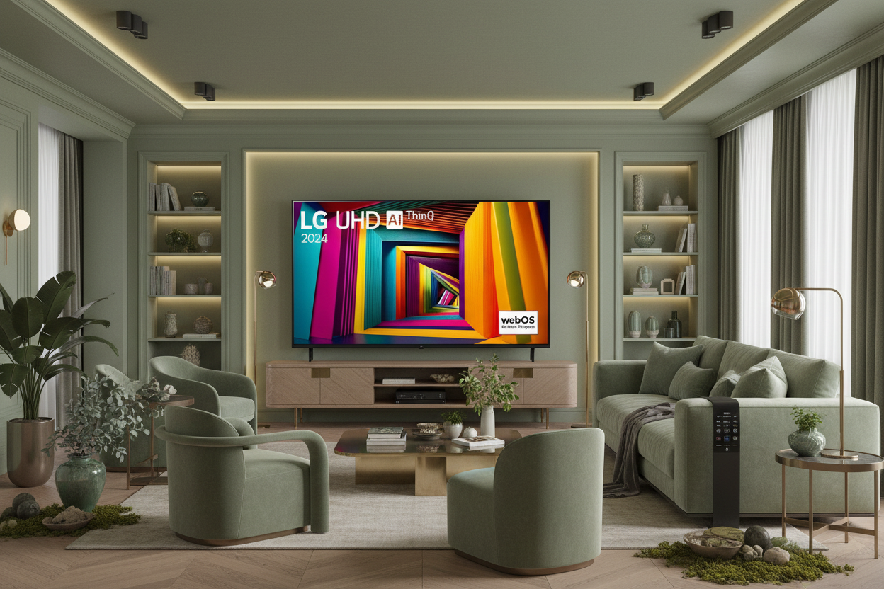 LG UHD TV in elegant moldy green living room