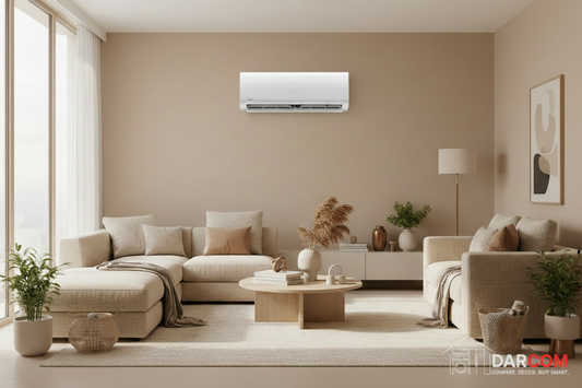 Midea AC Lifestyle Beige Living Room with DARCOM Logo