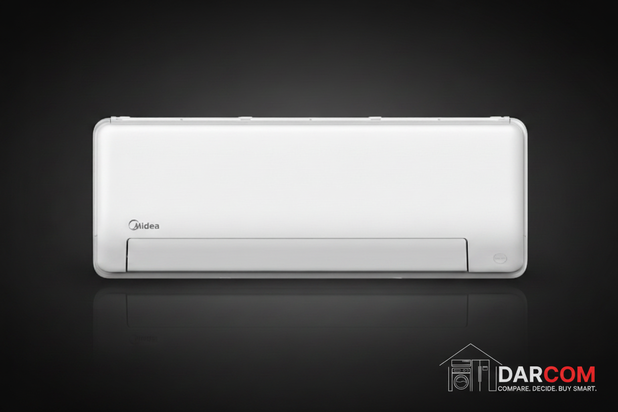 Midea AC Product Shot Dark Background with DARCOM Logo