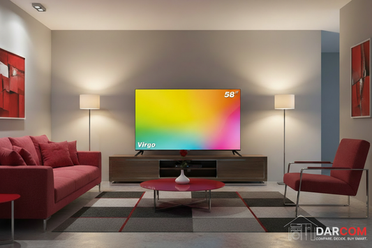 Red living room with DARCOM logo