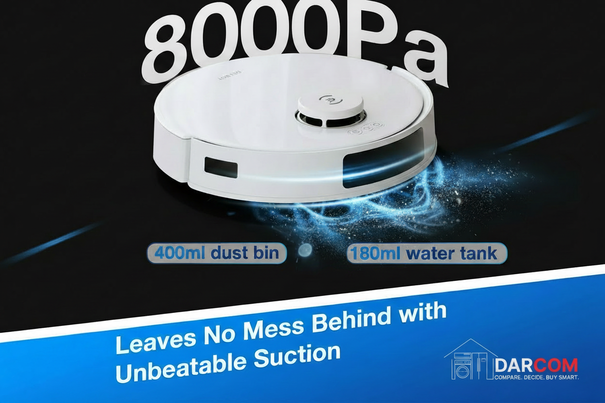 Robotic vacuum with DARCOM logo
