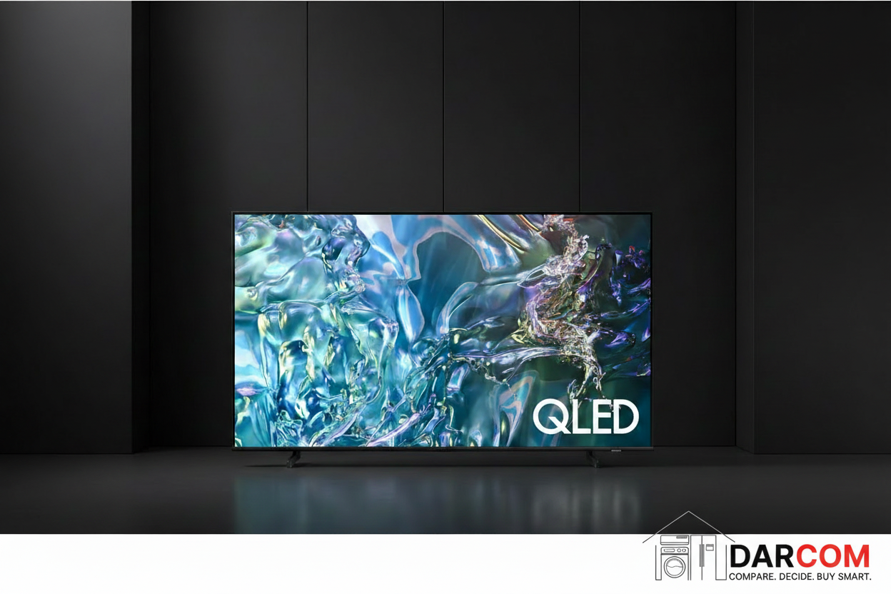 Samsung 85" QLED TV with DARCOM logo - Dark Background