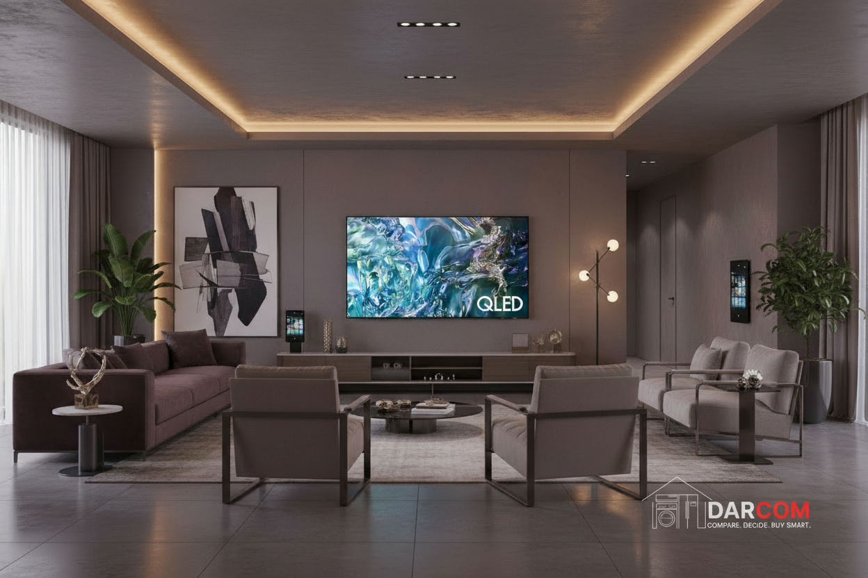 Samsung 85" QLED TV with DARCOM logo - Living Room