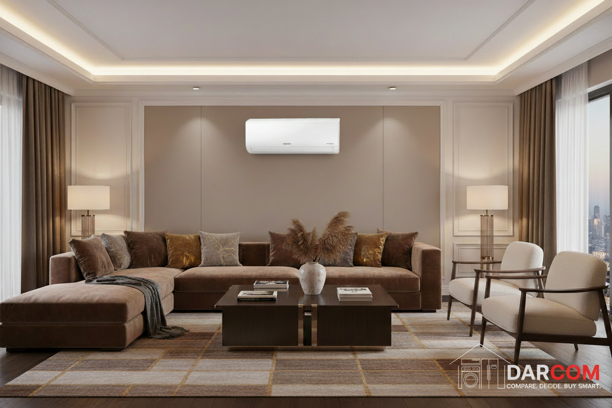 Samsung AC in Brunette Living Room with DARCOM Logo