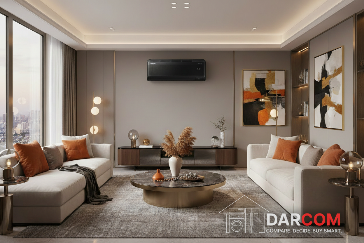 Samsung AC in Tangerine Living Room with DARCOM Logo