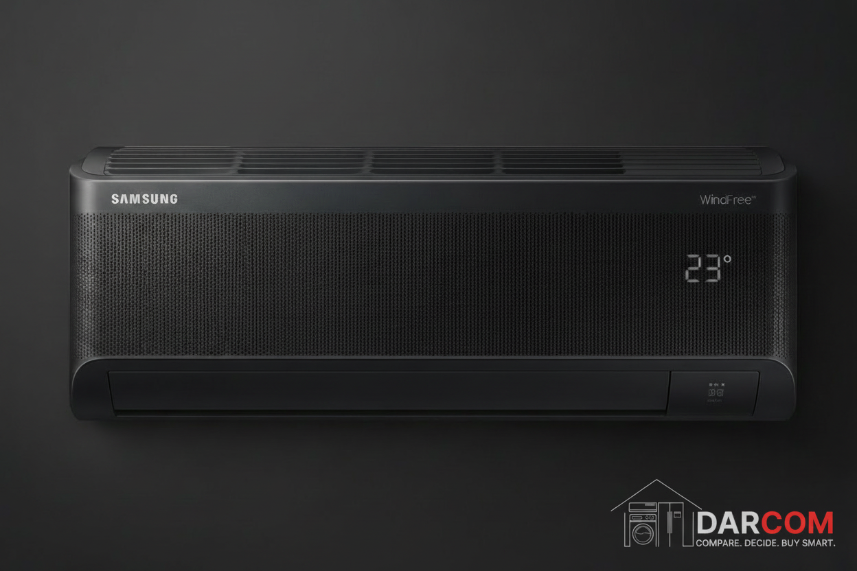 Samsung AC Unit on Dark Background with DARCOM Logo