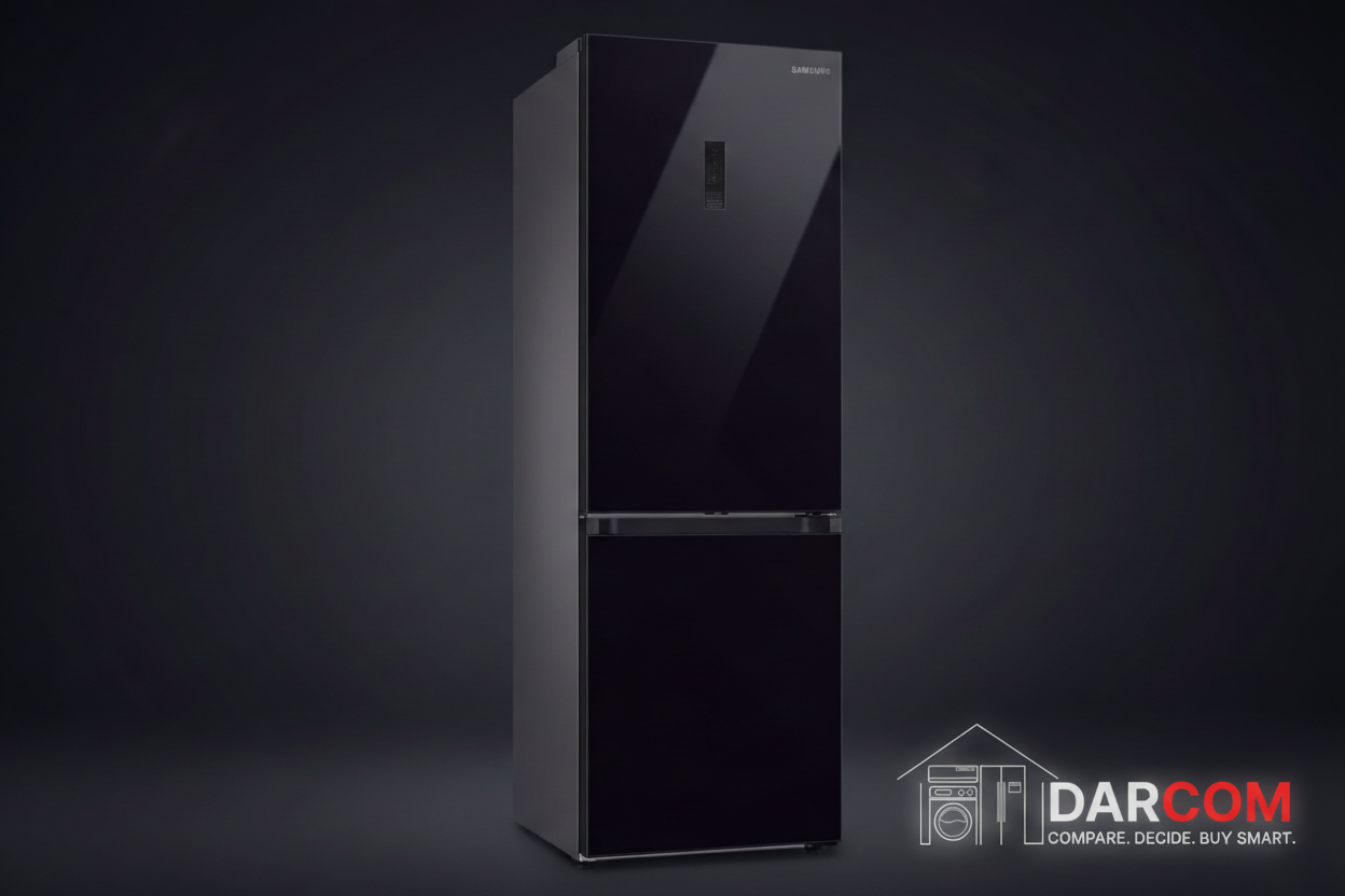Samsung Bespoke Refrigerator Dark Background with Darcom Logo