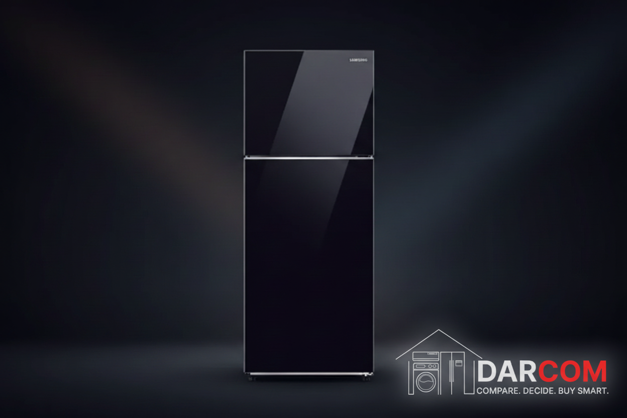 Samsung Bespoke Refrigerator Dark Background with Darcom Logo