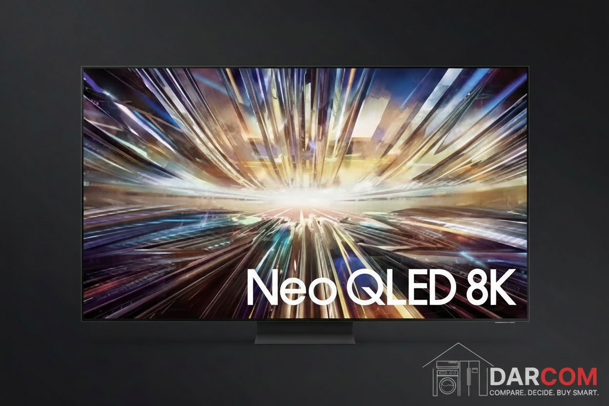 Samsung Neo QLED 8K TV with DARCOM logo - Dark Background