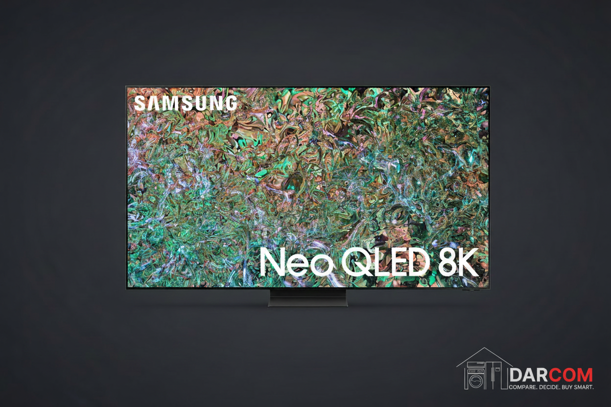 Samsung Neo QLED 8K TV with DARCOM logo - Dark Background