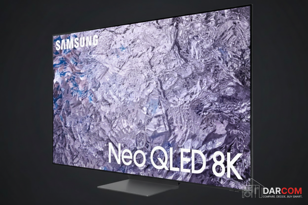 Samsung Neo QLED 8K TV with DARCOM logo - Dark Background