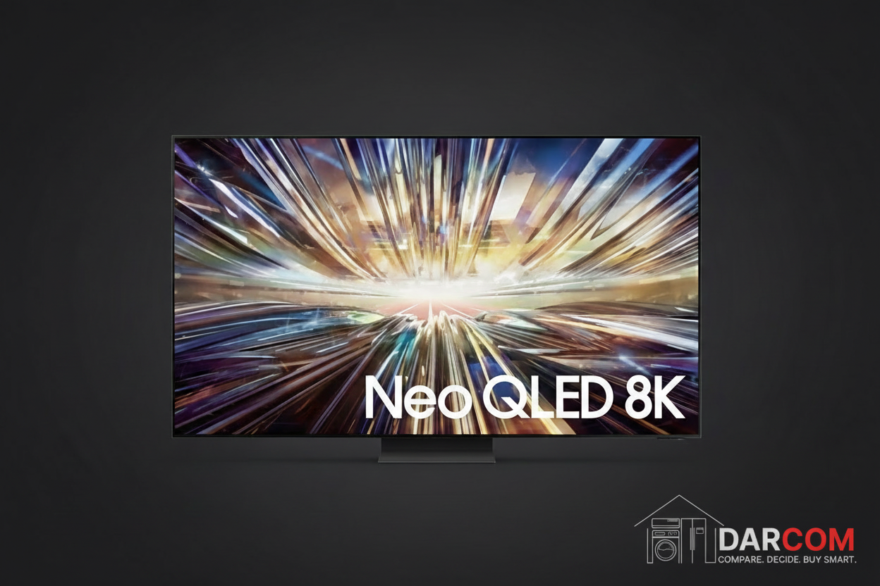 Samsung Neo QLED 8K TV with DARCOM logo - Dark Background