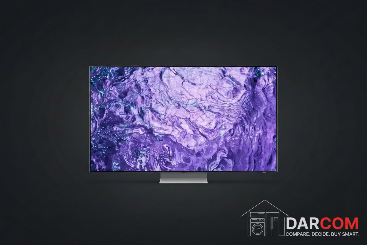 Samsung Neo QLED 8K TV with DARCOM logo - Dark Background