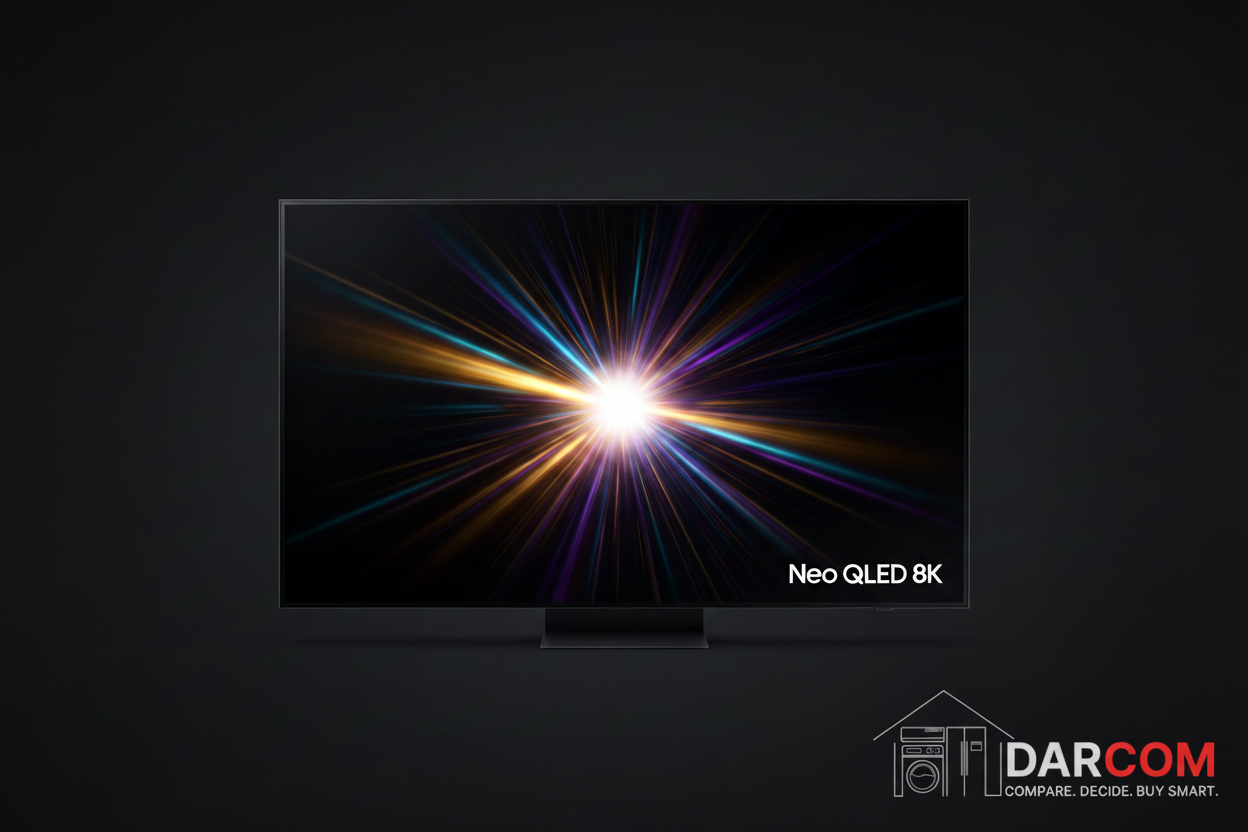 Samsung Neo QLED 8K TV with DARCOM logo - Dark Background
