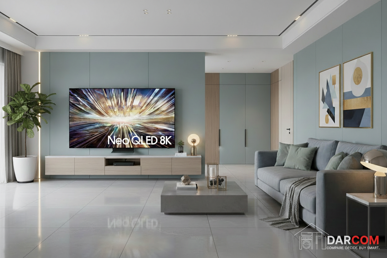 Samsung Neo QLED 8K TV with DARCOM logo - Living Room