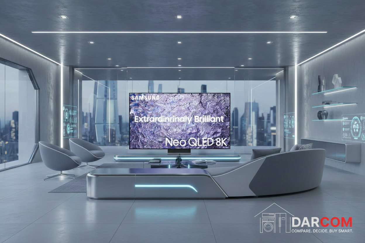 Samsung Neo QLED 8K TV with DARCOM logo - Living Room