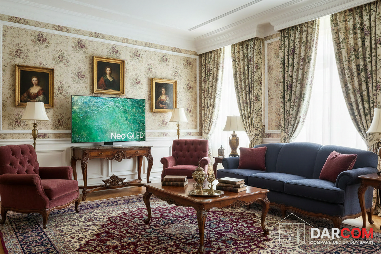 Samsung Neo QLED TV with DARCOM logo - Classic Living Room