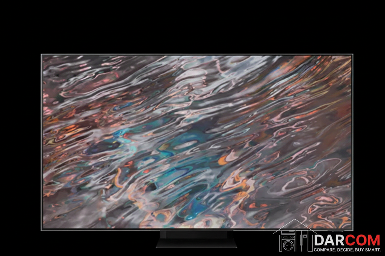Samsung Neo QLED TV with DARCOM logo - Dark Background
