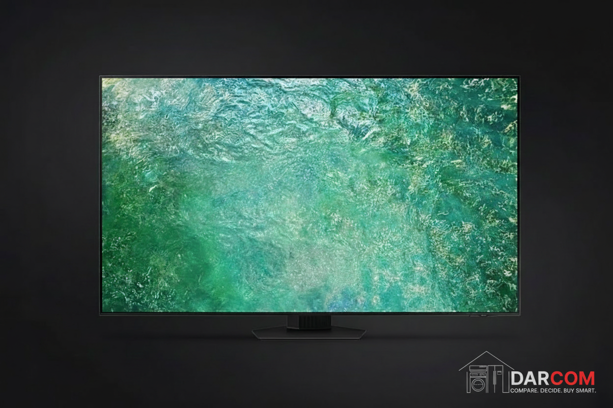 Samsung Neo QLED TV with DARCOM logo - Dark Background