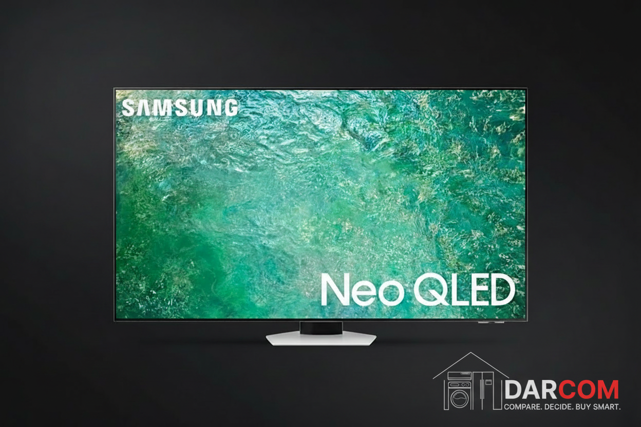 Samsung Neo QLED TV with DARCOM logo - Dark Background